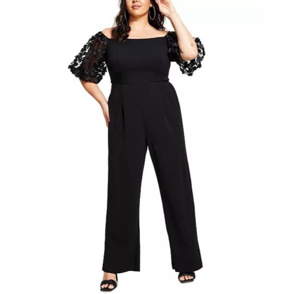 Xscape Black Off-Shoulder Wide-Leg Jumpsuit with Lace Puff Sleeves